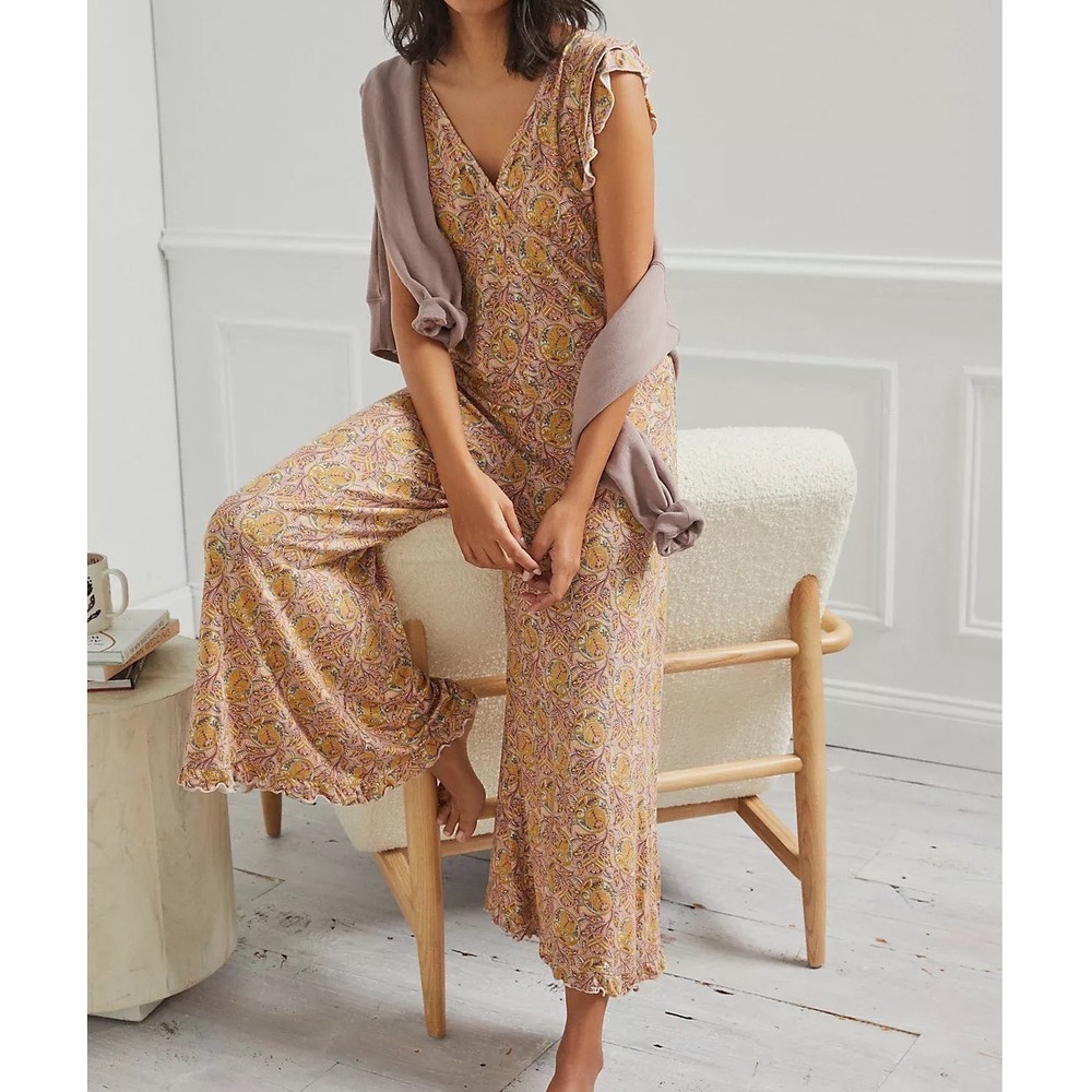 Anthropologie Matilda Ruffled Paisley Wide Leg Jumpsuit Small Boho 70s Revival